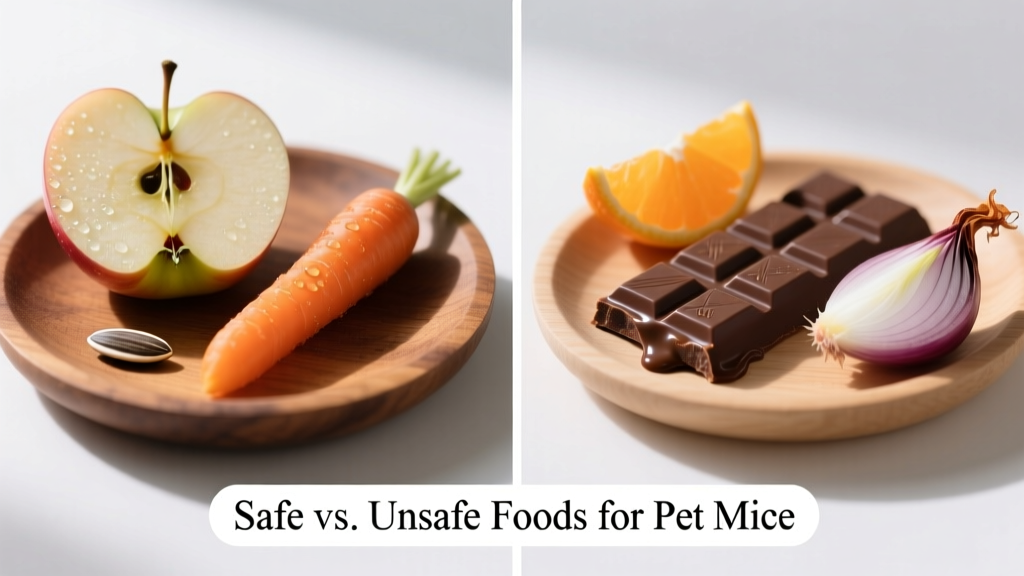 Side-by-side comparison showing safe foods (apple slice, carrot stick, sunflower seed) and unsafe foods (chocolate bar, orange wedge, onion piece) for pet mice