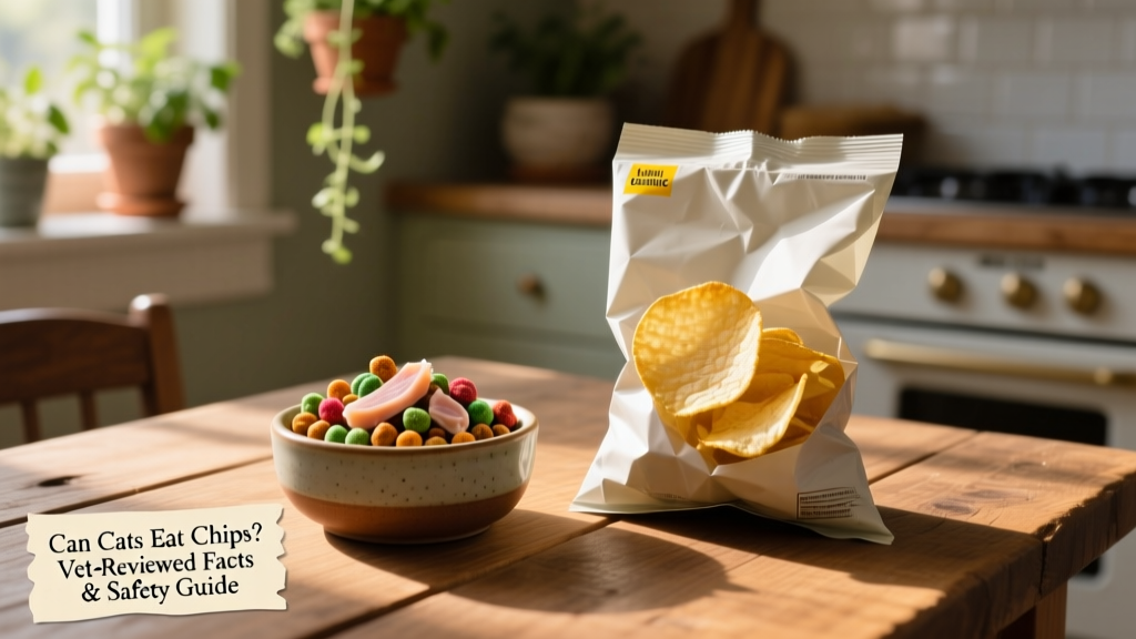 Side-by-side comparison: a small bowl of cat-safe treats next to a bag of human chips