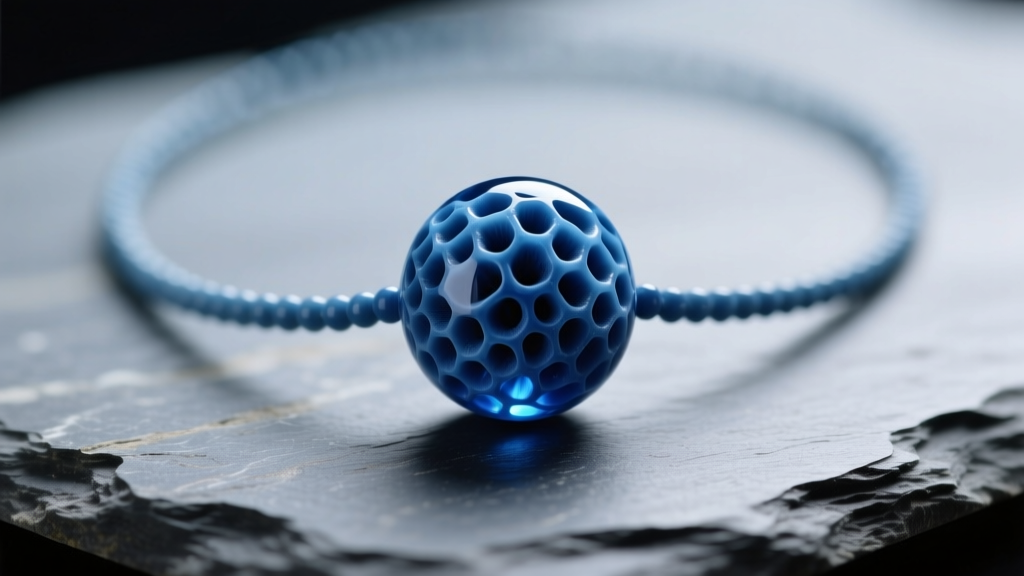Close-up of a blue coral necklace bead on slate, revealing its porous texture and deep indigo color under soft studio lighting.