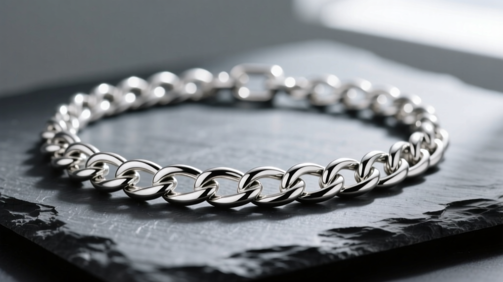 Close-up of a 925 sterling silver curb chain necklace on dark slate, showing interlocking links and bright metallic luster