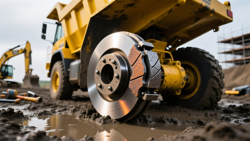 Heavy-duty sintered metallic brake pads installed on a yellow articulated dump truck axle sitting in a muddy construction site.