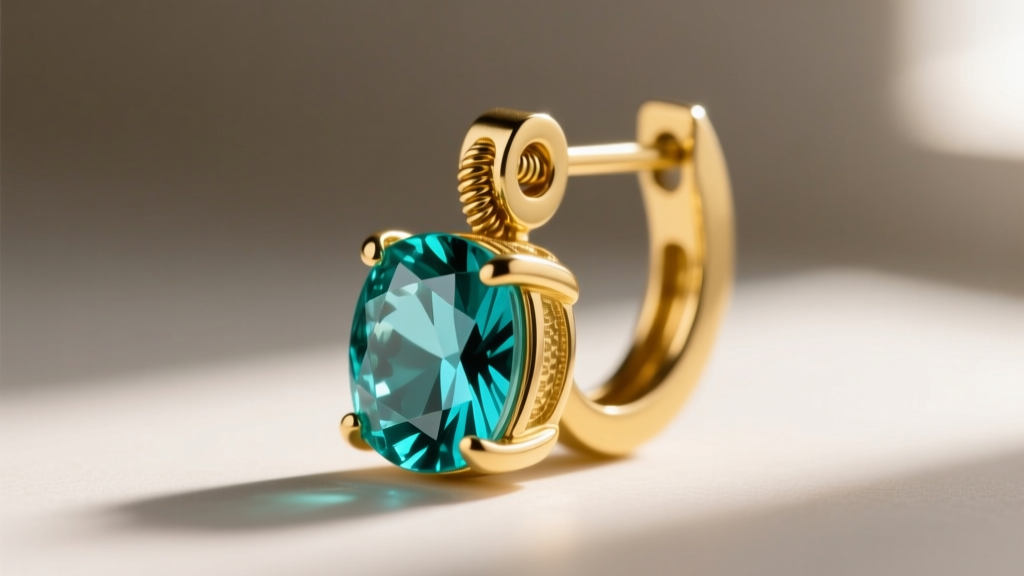 Macro shot of 20-gauge 14k yellow gold leverback earring setting holding an emerald cut aquamarine, showing secure latch.
