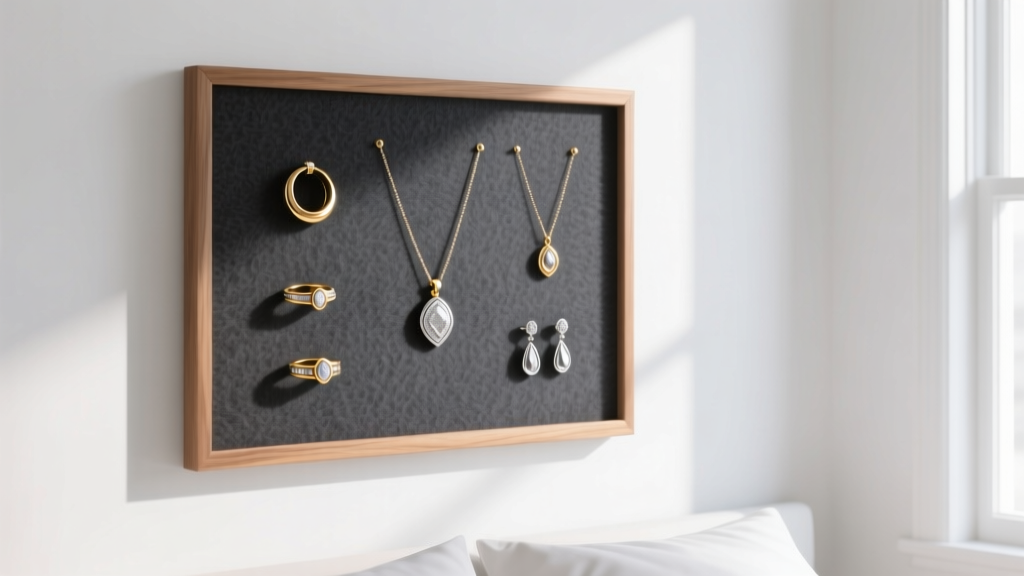 A pine-framed jewelry display board covered in dark grey anti-tarnish felt, hanging neatly on a bright white bedroom wall.