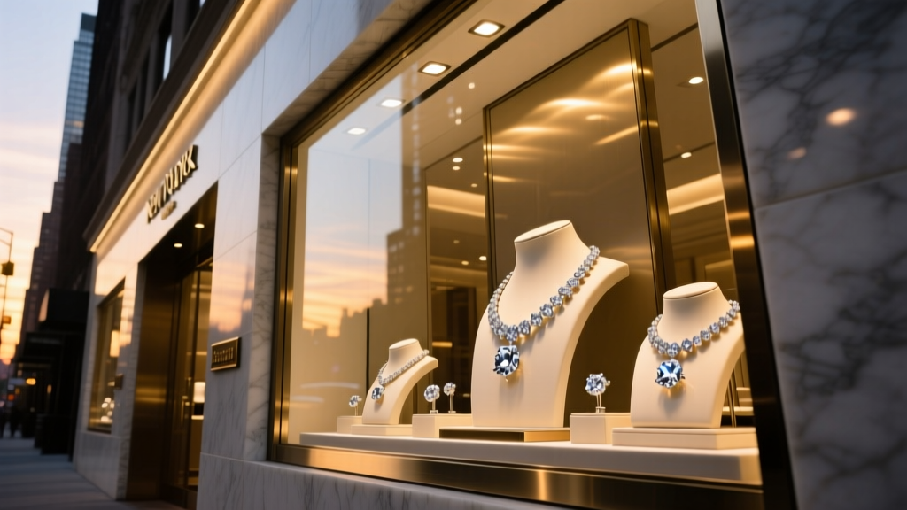 Elegant storefront of a high-end New York City fine jewelry boutique with diamond necklaces glowing in the window display at dusk