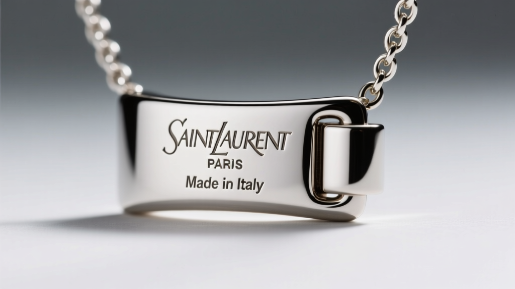Macro shot of the back of an authentic YSL necklace clasp showing the engraved Saint Laurent Paris and Made in Italy hallmarks