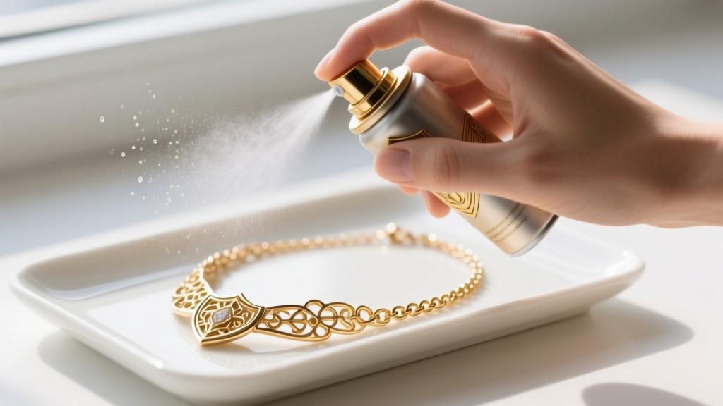 Close up of a hand applying jewelry shield barrier spray to a delicate gold plated brass chain necklace on a white ceramic tray