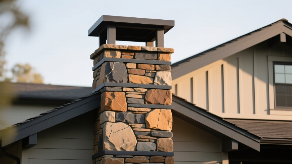 Exterior two-story chimney clad in rustic ledgestone veneer with dark gray mortar joints against a modern craftsman home facade
