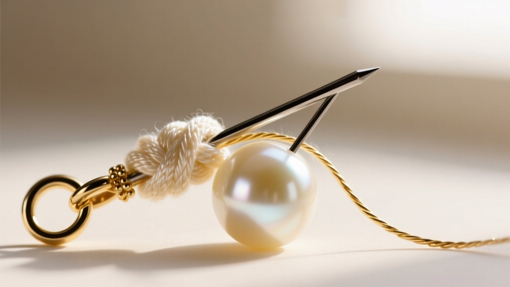 Macro shot of a beading awl pushing a silk knot against a cream glass pearl, with gold French wire visible near the clasp.