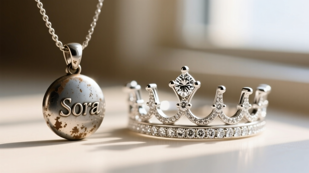 Macro shot comparing a tarnished zinc alloy Sora pendant with a bright rhodium-plated 14k white gold custom cast crown necklace.