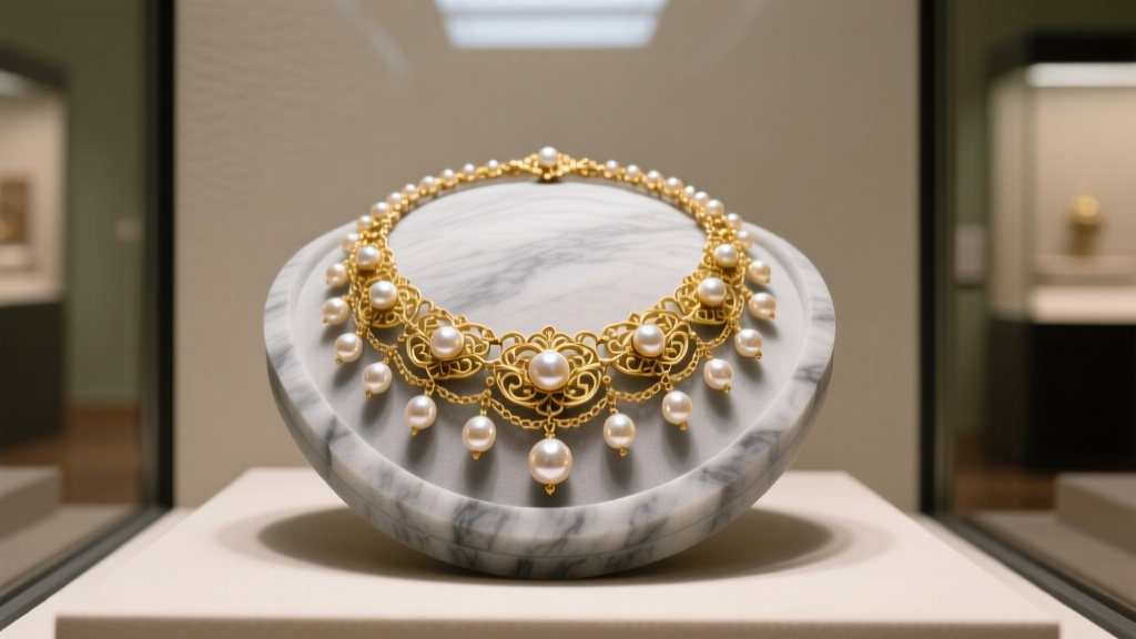 Museum vitrine displaying a Victorian gold seed pearl festoon necklace resting on a custom-carved grey Volara foam archival mount.
