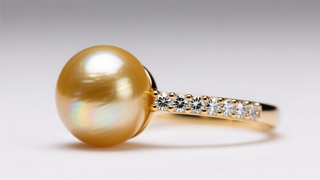 Macro shot of a Seta Jewelry South Sea golden pearl cocktail ring with diamond accents, highlighting the pearl
