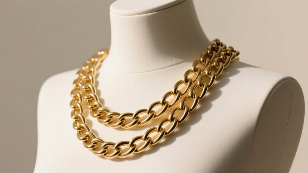 Gold cable chain draping over a mannequin, showing the precise curve and shadow of links under soft directional lighting