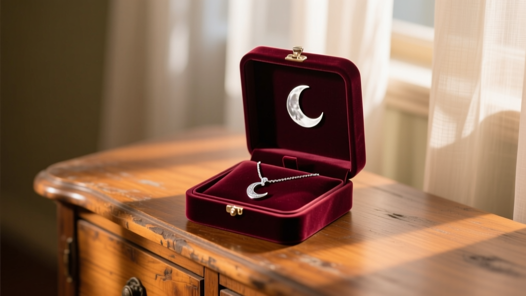 Velvet jewelry box storing a full moon necklace in a separate compartment on a wooden dresser in a softly lit warm room.