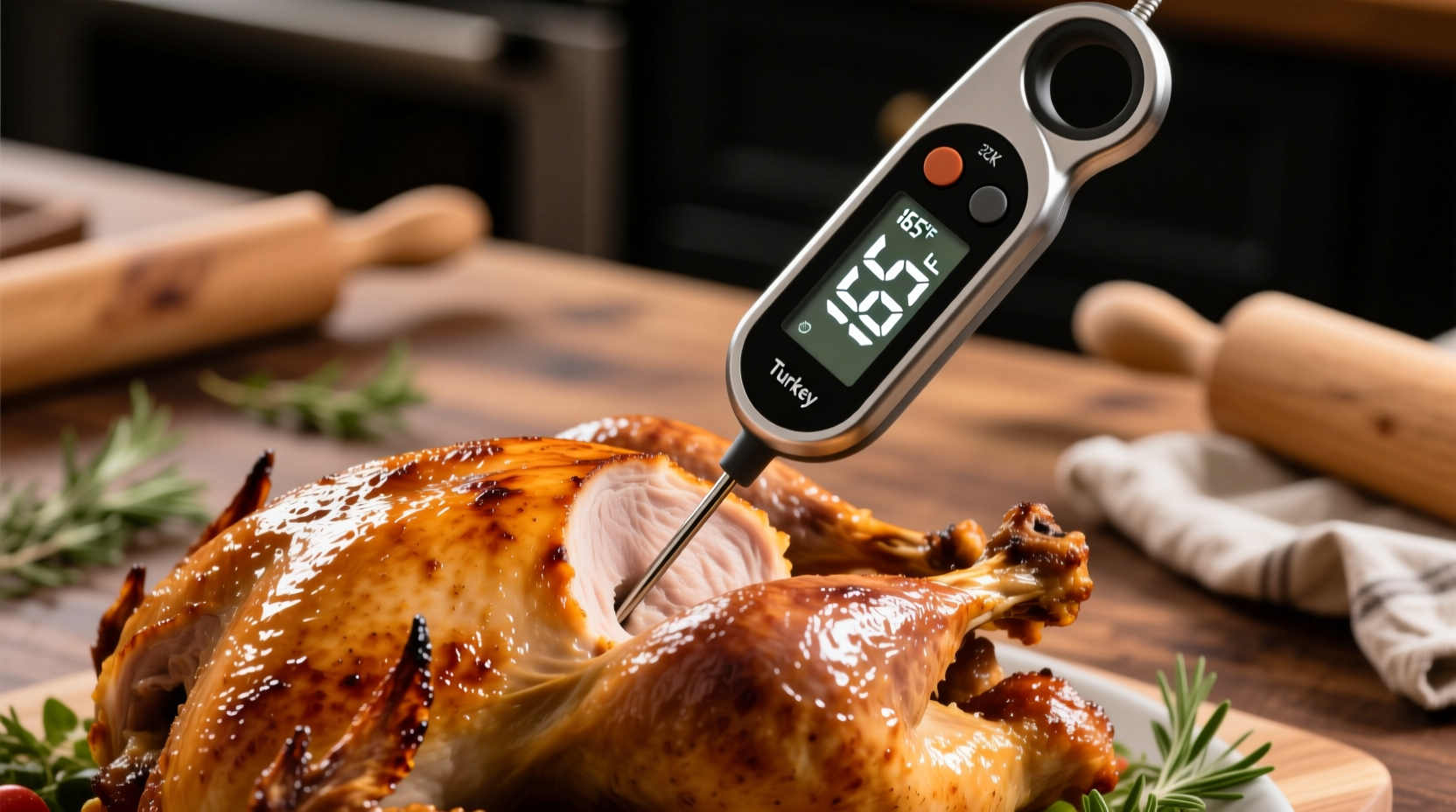 Turkey cooking thermometer showing 165 degrees