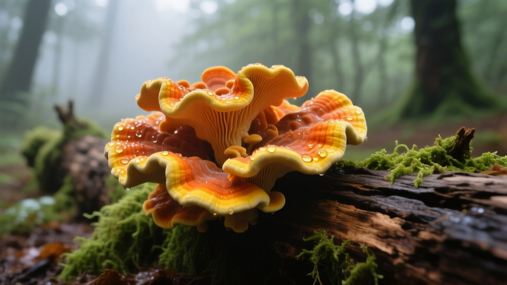 Vibrant orange and yellow Laetiporus sulphureus bracket fungus growing on a decaying oak log in a damp forest setting with moss