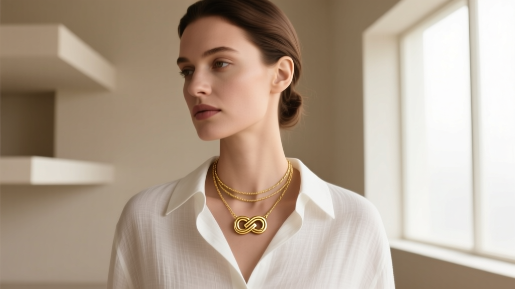 Woman wearing a minimalist 22k gold Greek key pendant layered with a thin cable chain, styled with a crisp white linen button-down.