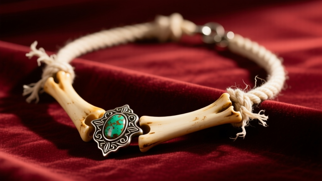 Vintage bone necklace on velvet showing an oxidized silver clasp and frayed antique cotton string under soft warm lighting.