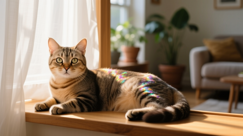 A relaxed domestic shorthair cat lounging on a sunlit windowsill, showing its short, glossy coat and alert expression