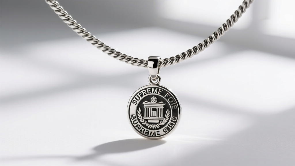 A 1.5mm sterling silver rope chain with a 12mm swivel lobster clasp attached to the bail of a Supreme Court justice collar pendant.