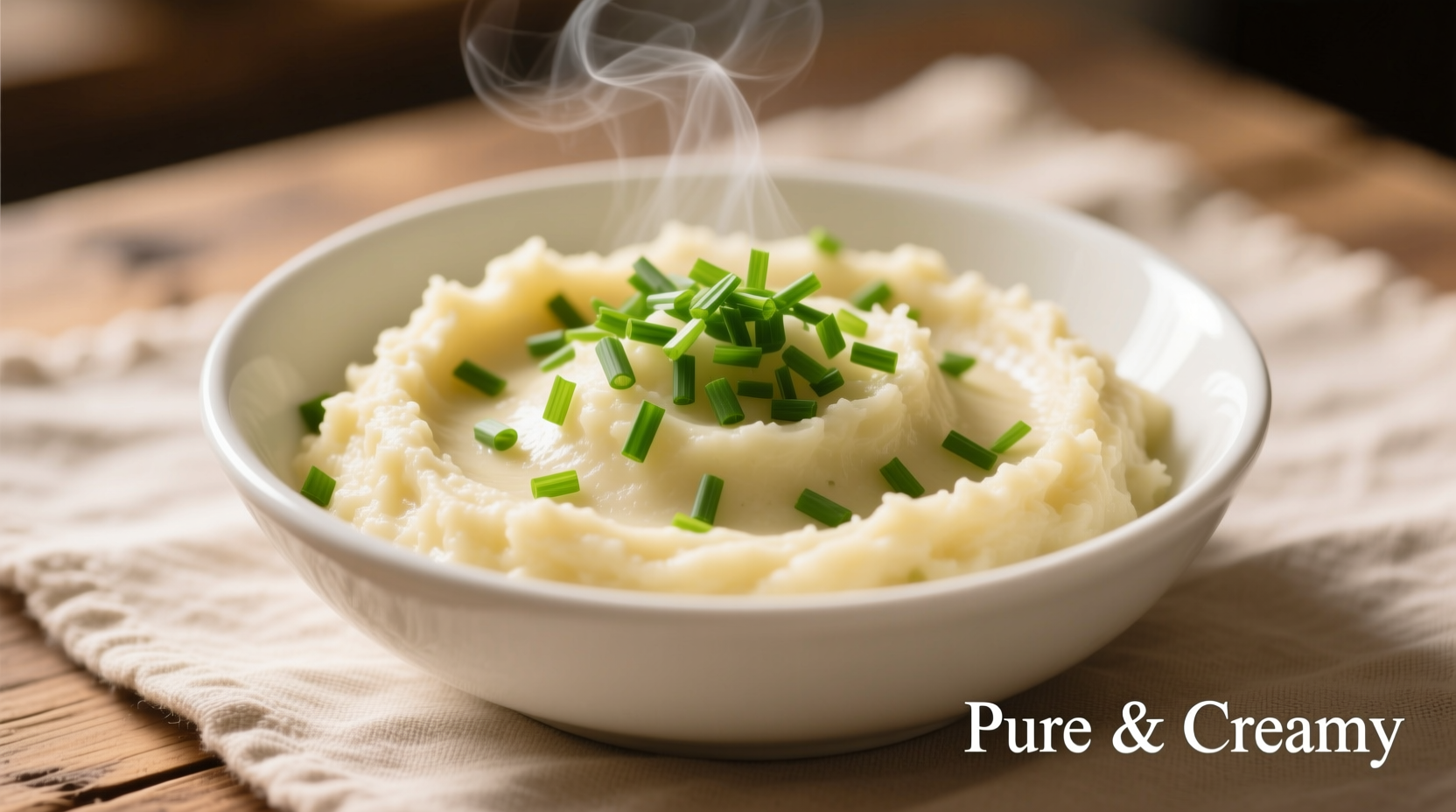 Creamy vegan potato mash in white bowl with fresh chives
