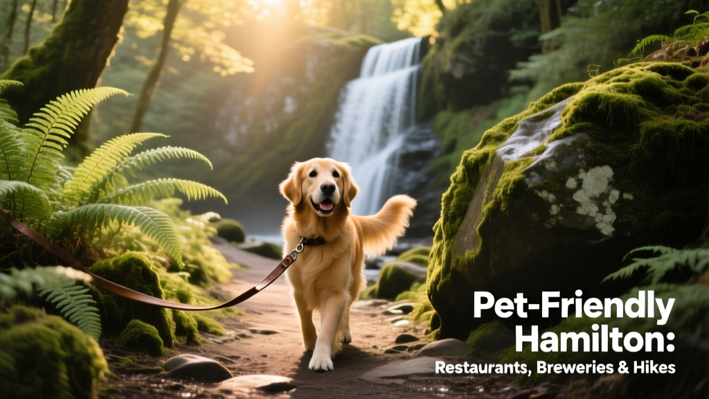 A trail winding through ferns and mossy rocks beside a cascading waterfall in Smokey Hollow, with a leashed dog walking ahead