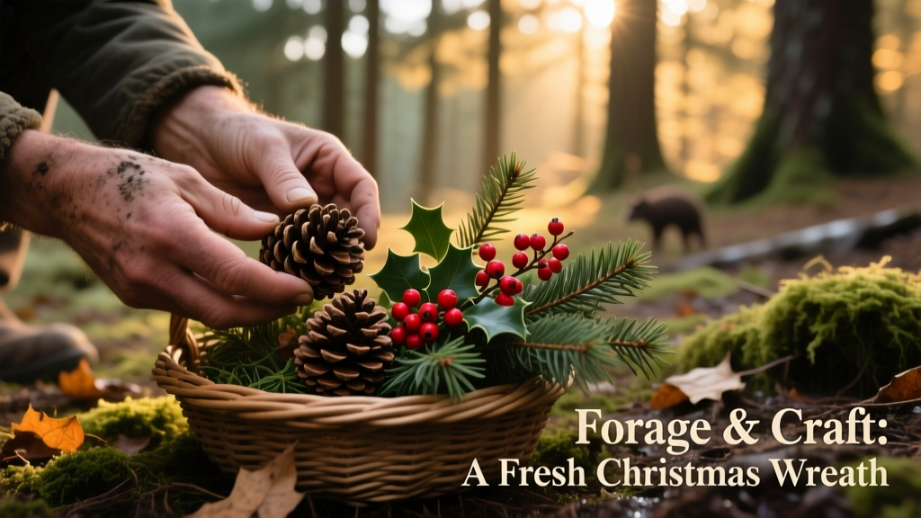 Close-up of hands selecting pinecones, holly-like berries, and variegated evergreen sprigs from a forest floor