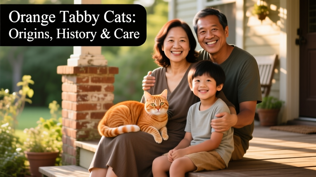 Smiling family sitting with two orange tabby cats on a sunlit porch