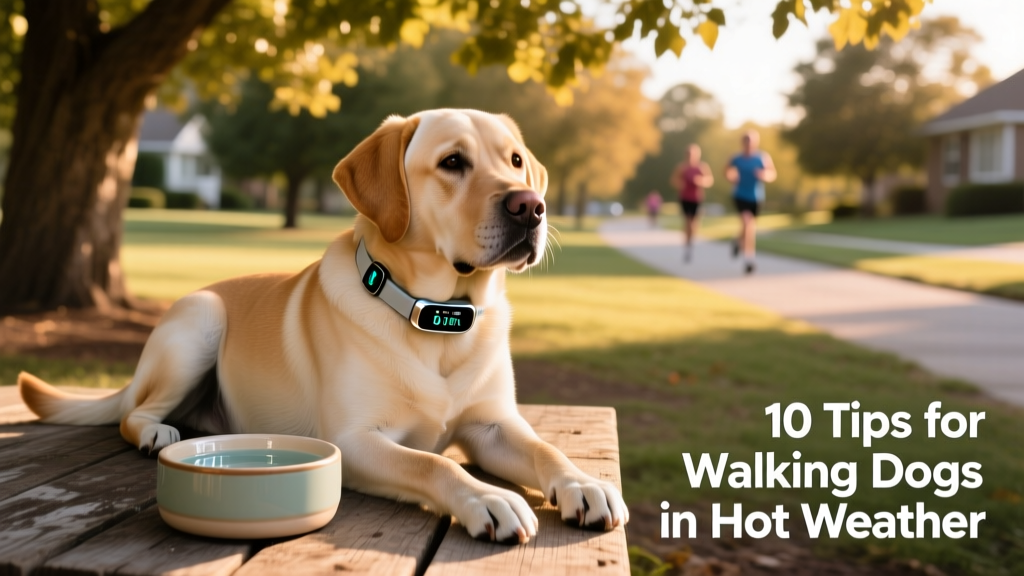 A calm, hydrated dog resting in dappled shade beside a portable water bowl and lightweight activity tracker on its collar