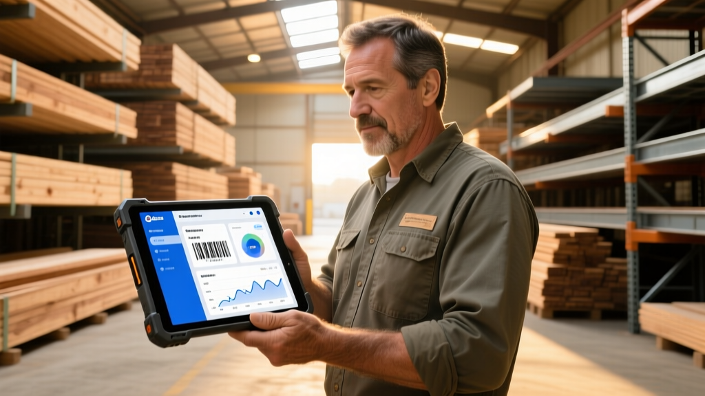 Lumber yard manager using a rugged tablet to scan inventory with building material supplier software dashboard glowing on screen.