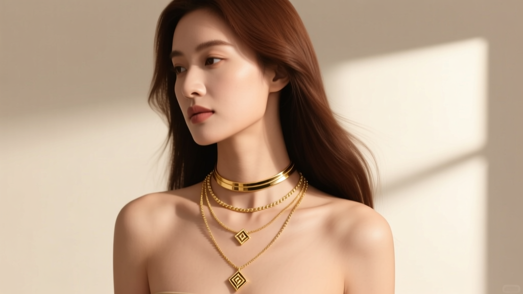 A woman wearing three layered gold necklaces, highlighting a 14-inch choker, 18-inch princess, and 24-inch matinee style.