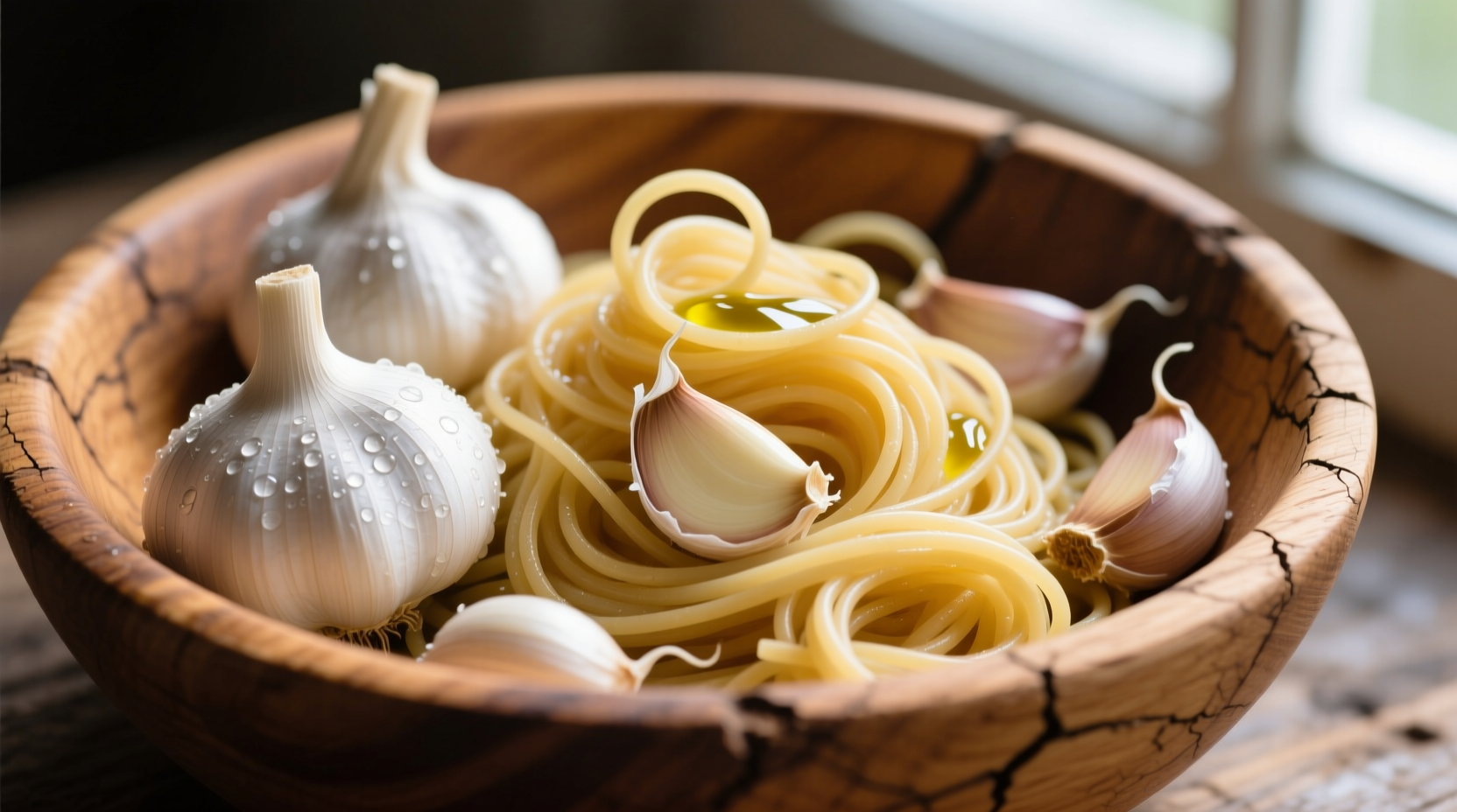 Fresh garlic cloves and spaghetti in wooden bowl