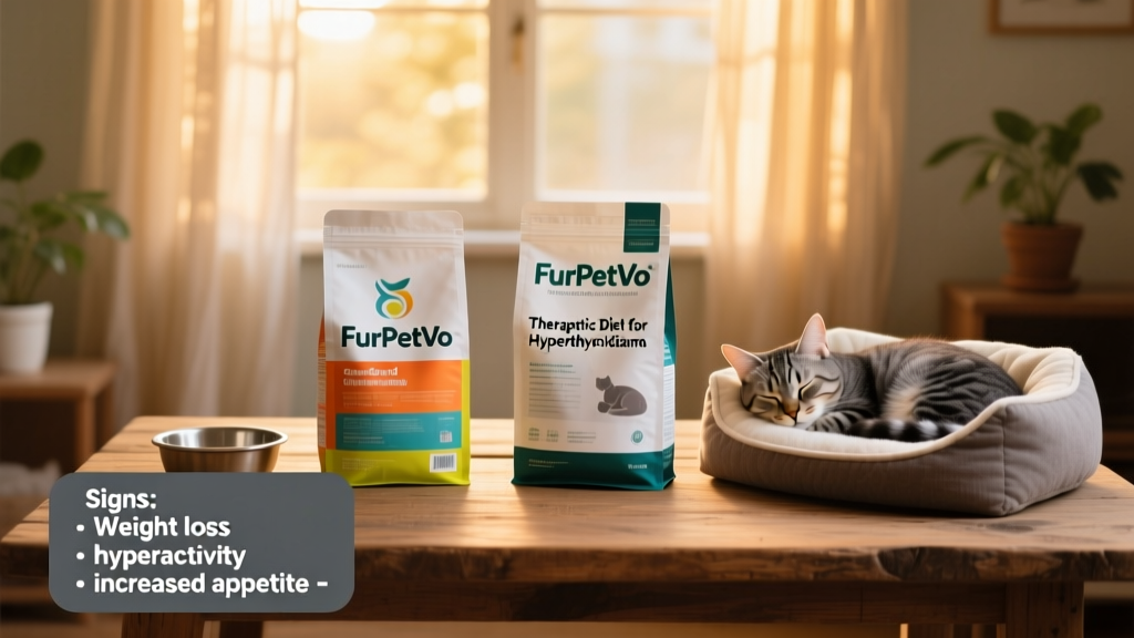 Side-by-side comparison of standard cat food and FurPetVo therapeutic diet packaging