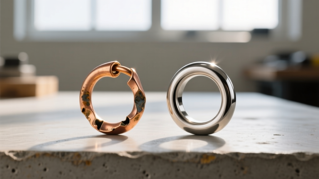 Comparison of a deformed unsoldered copper jump ring next to a perfectly round laser-welded stainless steel jump ring on a bench