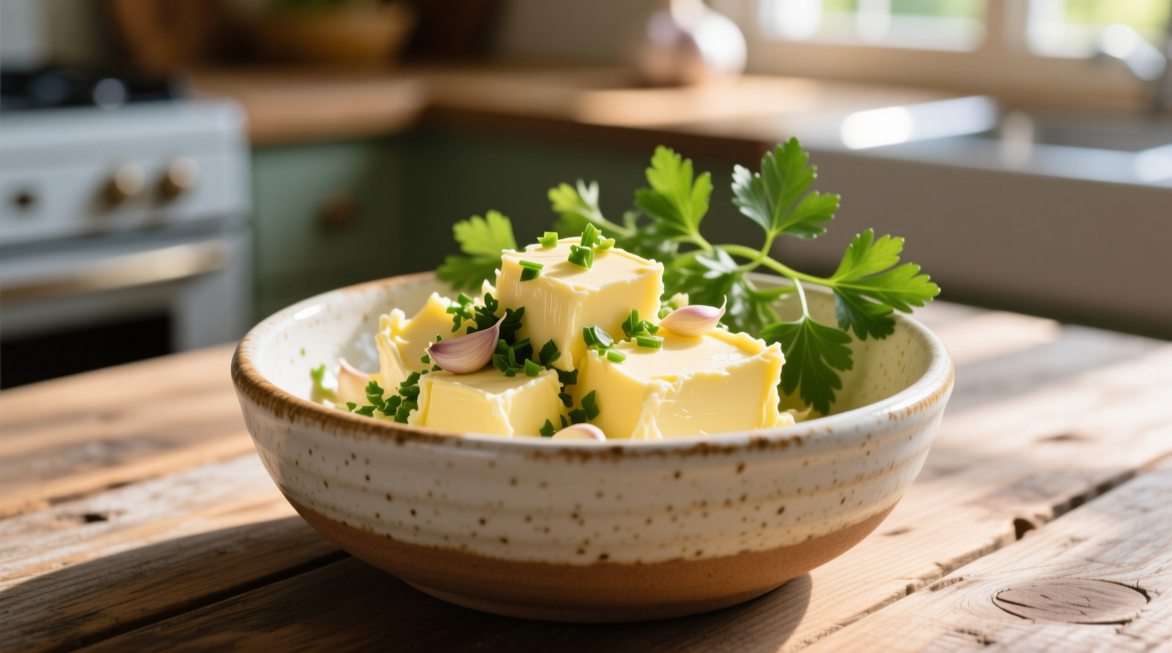 Homemade garlic butter in ceramic bowl with fresh parsley