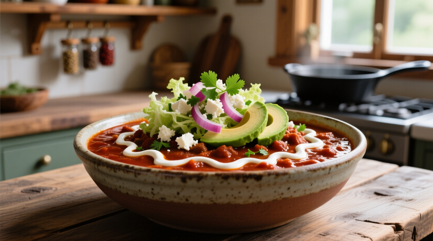 Bowl of rich tomato-free chili with toppings