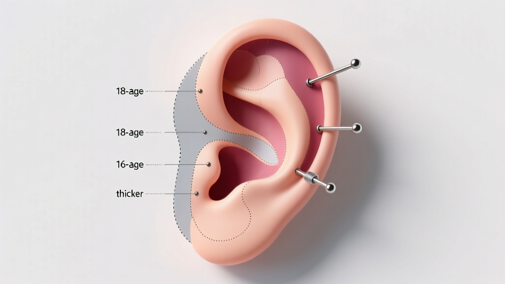 Ear piercing map diagram highlighting lobe, helix, and tragus placements with dotted lines indicating 18-gauge and 16-gauge zones.