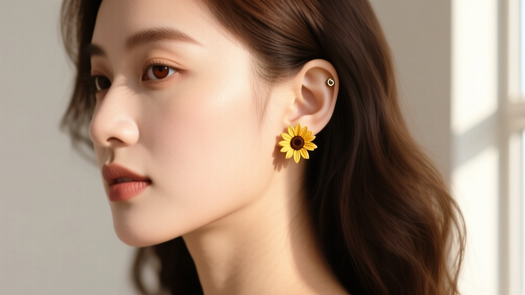 Side profile of a woman wearing a 6mm sunflower stud on her upper helix cartilage piercing, illuminated by soft natural sunlight.