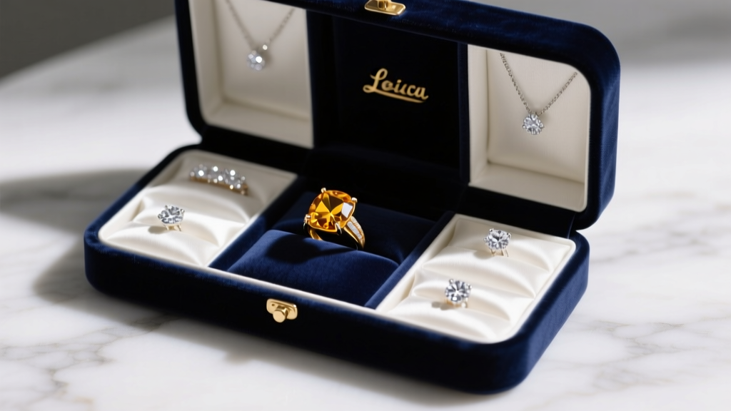 Velvet box storing a citrine ring separately from diamond jewelry in individual fabric compartments to prevent surface scratching.