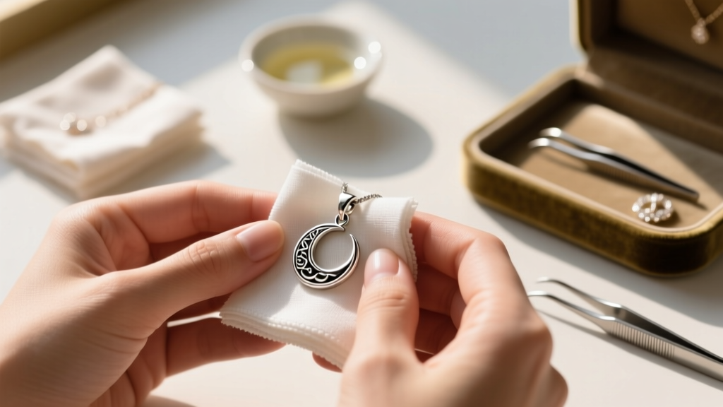Hands wiping a sterling silver date pendant with a microfiber cloth, blurred jewelry cleaning supplies in the soft background.