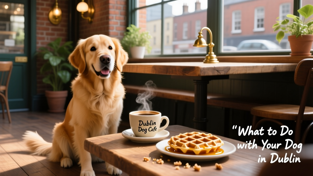 A happy dog sitting under a café table with a coffee cup and waffle nearby