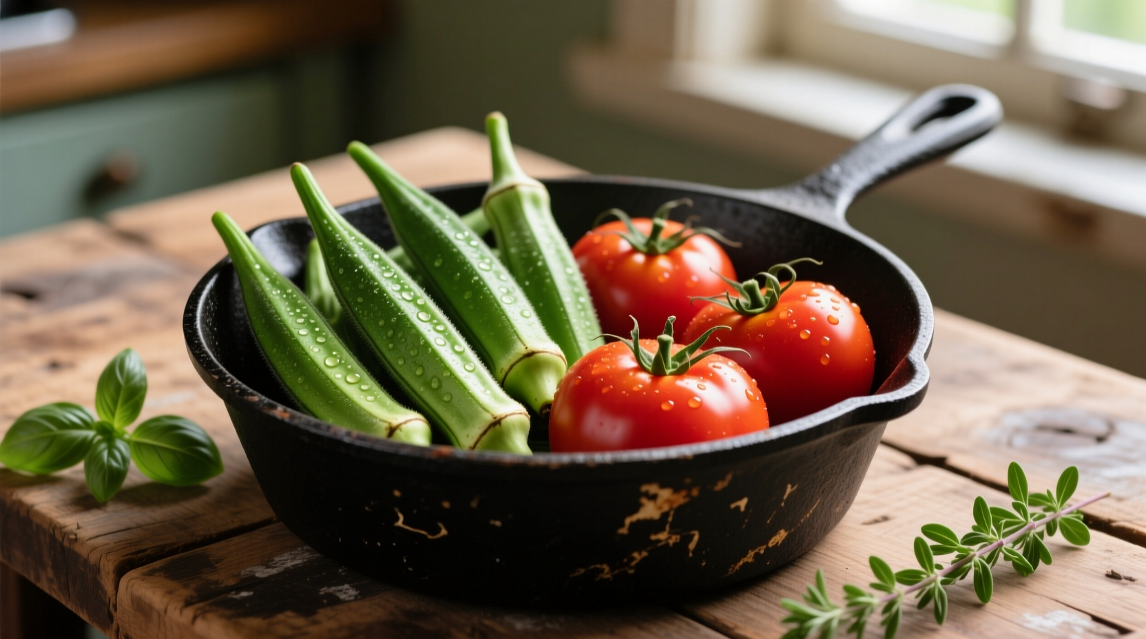 Fresh okra and tomatoes in cast iron pot