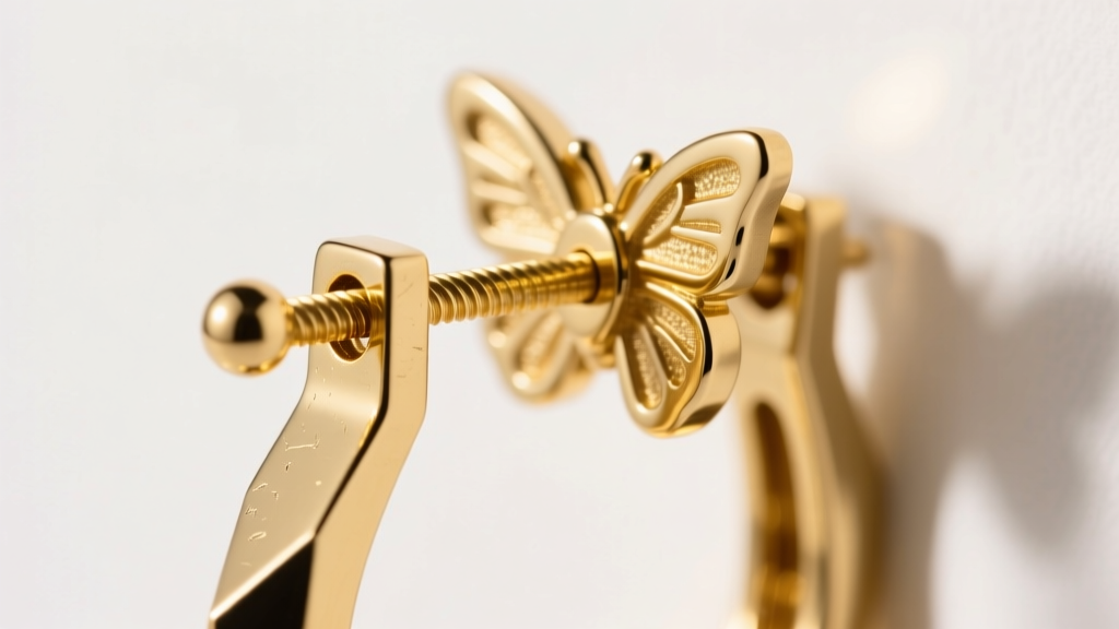 Macro photography of an 18-gauge gold post on a heavy geometric drop earring, showing the secure butterfly backing mechanism.