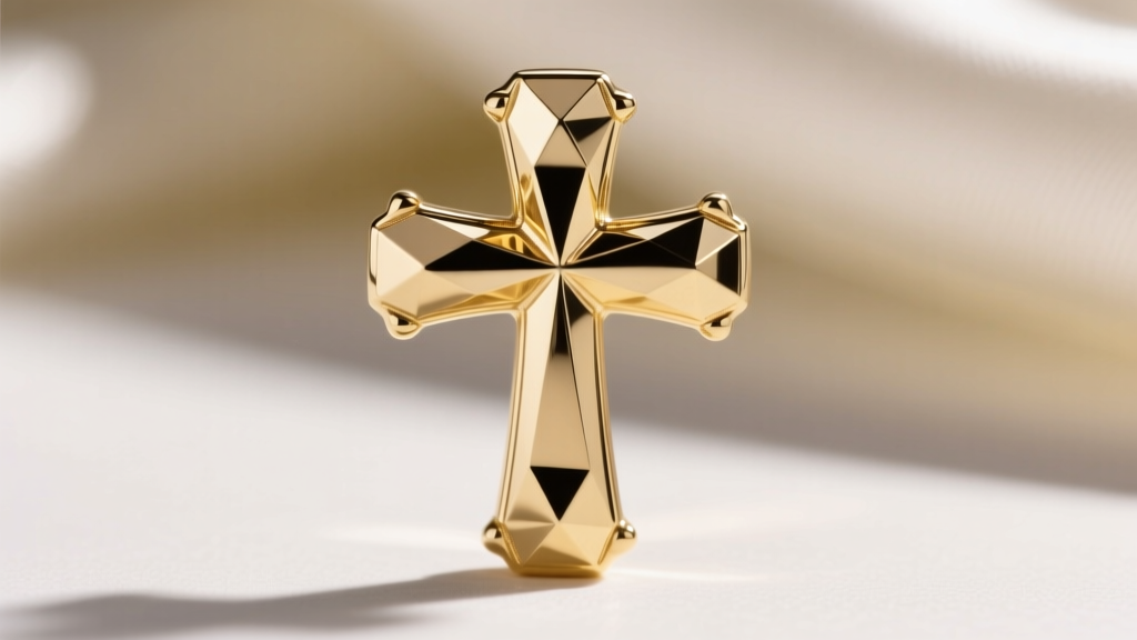 Macro shot of a James Avery 14k gold diamond-cut cross catching light, showcasing faceted edges and a highly polished metal finish.