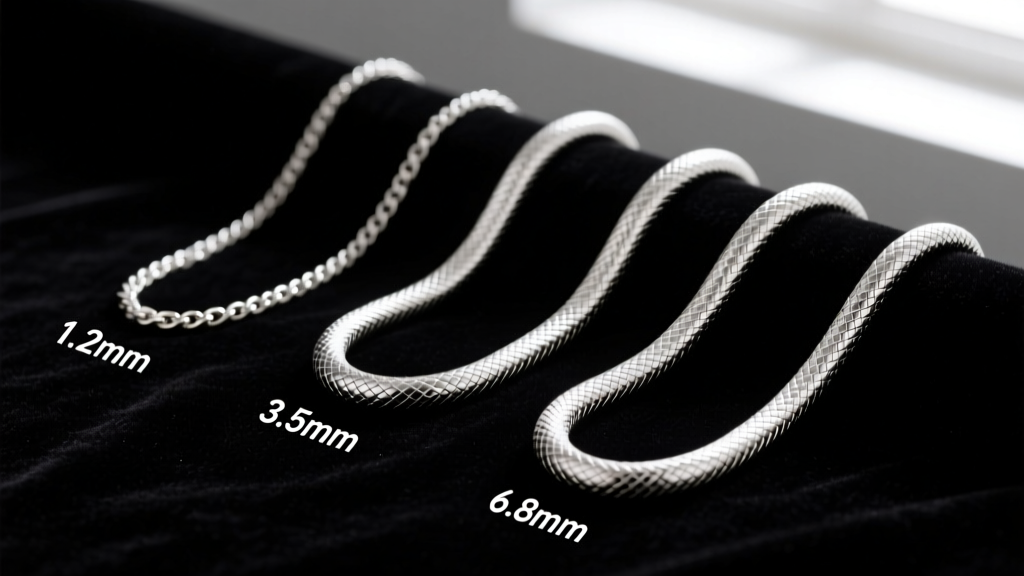 Three silver snake chains of varying thicknesses on black velvet, labeled with their precise millimeter gauge sizes.