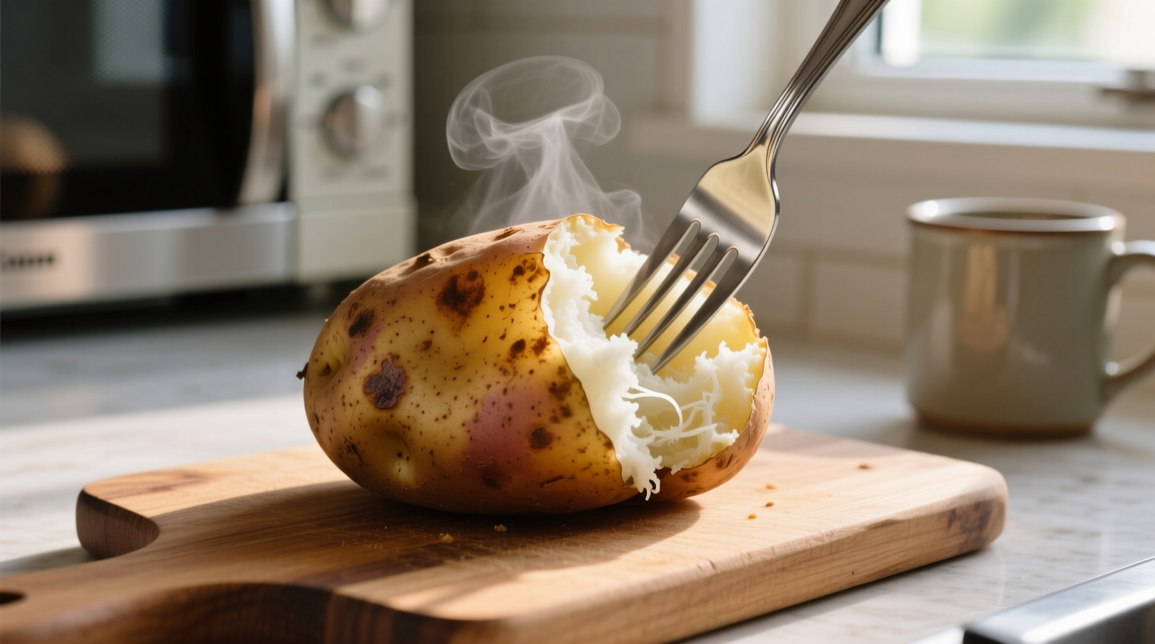 Microwave-baked potato with fork showing fluffy interior