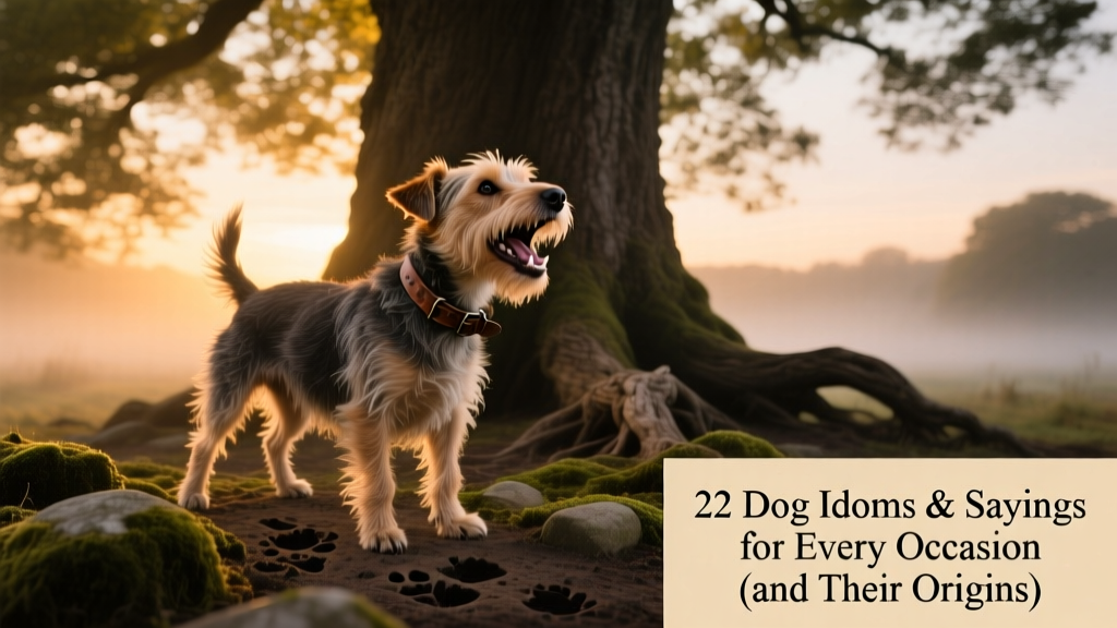 A focused terrier barking energetically at the base of a tall oak tree at dusk
