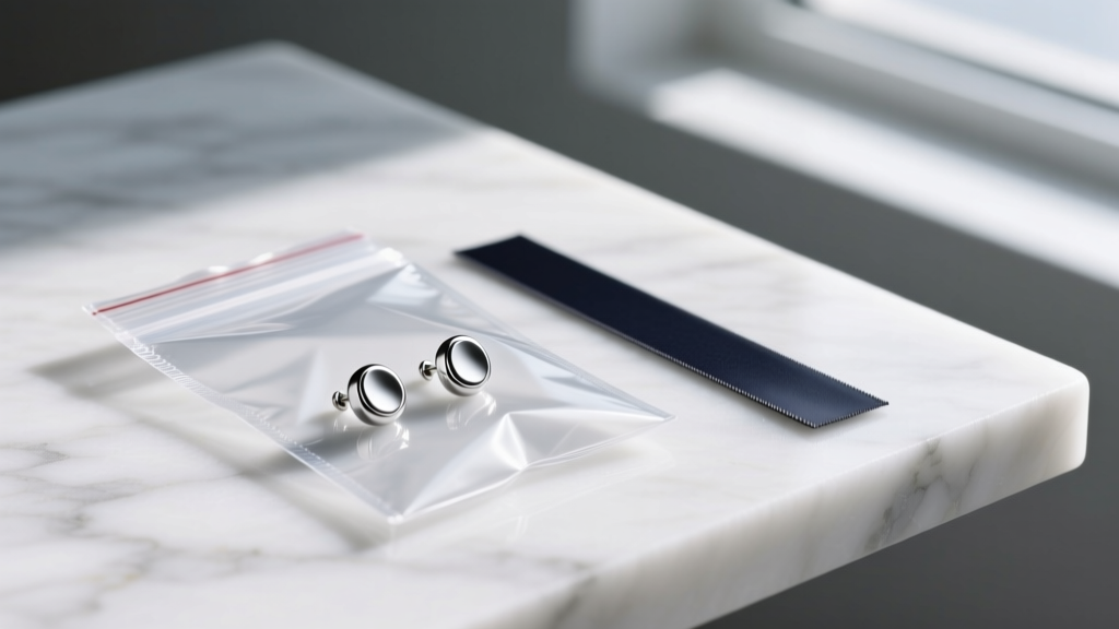 Silver stud earrings sealed in an airtight plastic bag alongside a dark anti-tarnish strip on a white marble surface