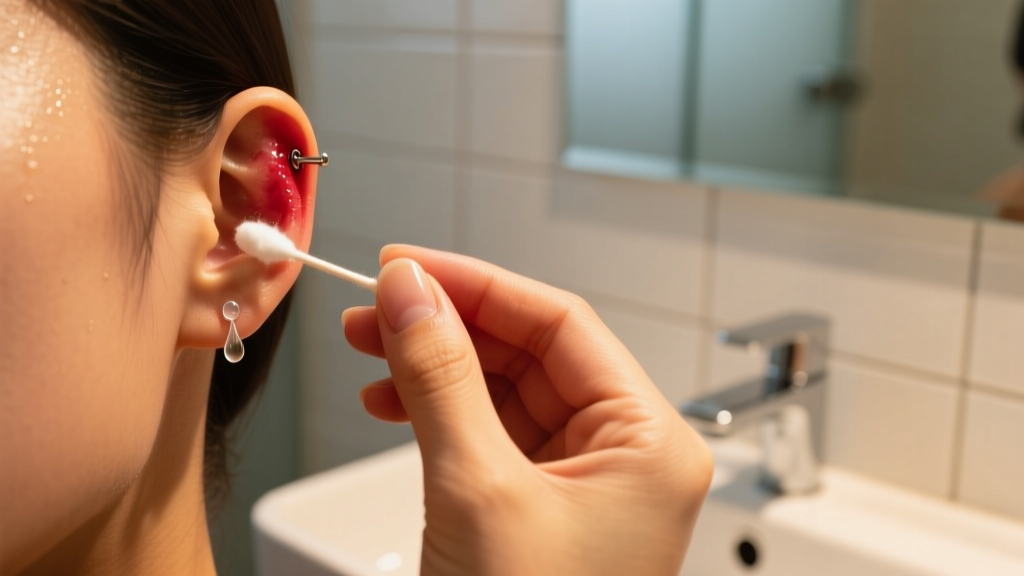Hands applying sterile saline via a cotton swab to an irritated helix piercing, illuminated by warm, natural bathroom lighting.