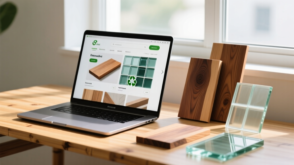 Modern laptop displaying a sustainable building materials ecommerce storefront next to physical samples of reclaimed wood and recycled glass tiles on a bamboo desk