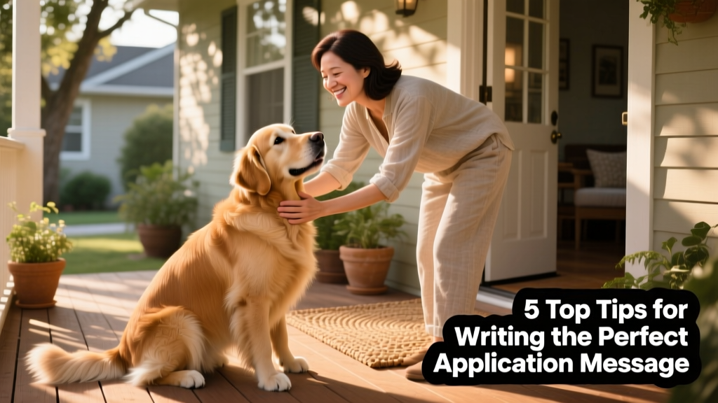 A friendly pet sitter gently petting a golden retriever on a sunlit porch